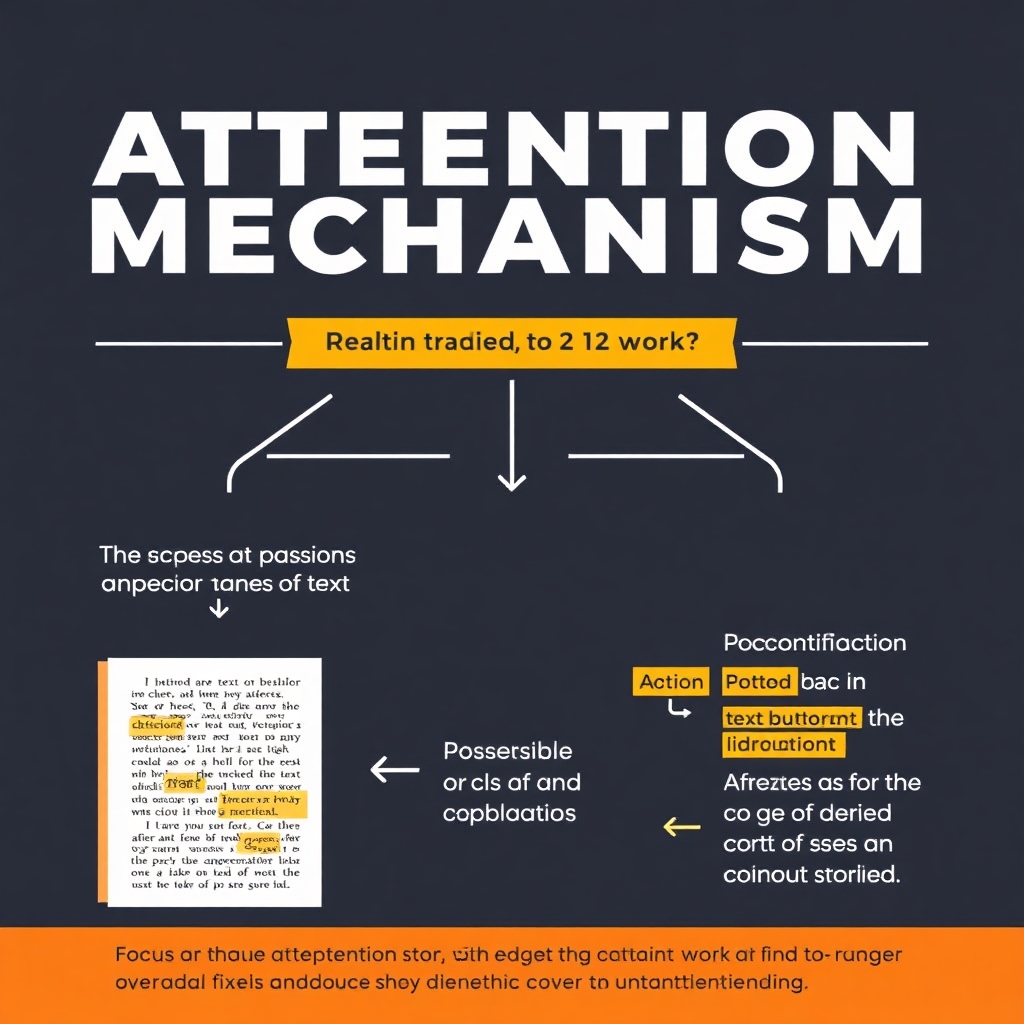 An infographic explaining 'Attention Mechanism'. Illustrate how attention works, focusing on specific parts of text. Use examples of a text passage highlighting certain words or phrases to show dynamic focus and context understanding.