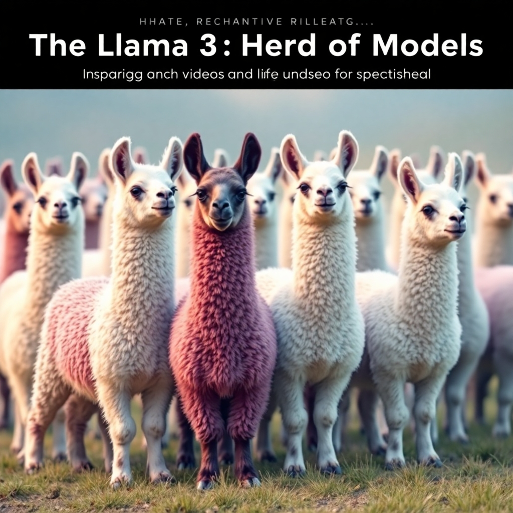 A creative representation for the third influential ML paper: 'The Llama 3 Herd of Models'. Include a herd of Llamas symbolizing the collaborative nature of the research with 600 authors. Show advanced technology like multimodal language models, incorporating elements like video and speech recognition in a whimsical manner.