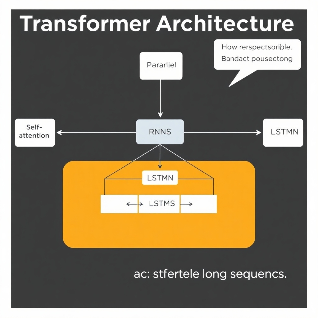 An infographic for 'Transformer Architecture'. Show a diagram representing the architecture's components, highlighting self-attention and parallel processing capabilities. Include labels for RNNs, LSTMs, and highlight how Transformers handle long sequences.