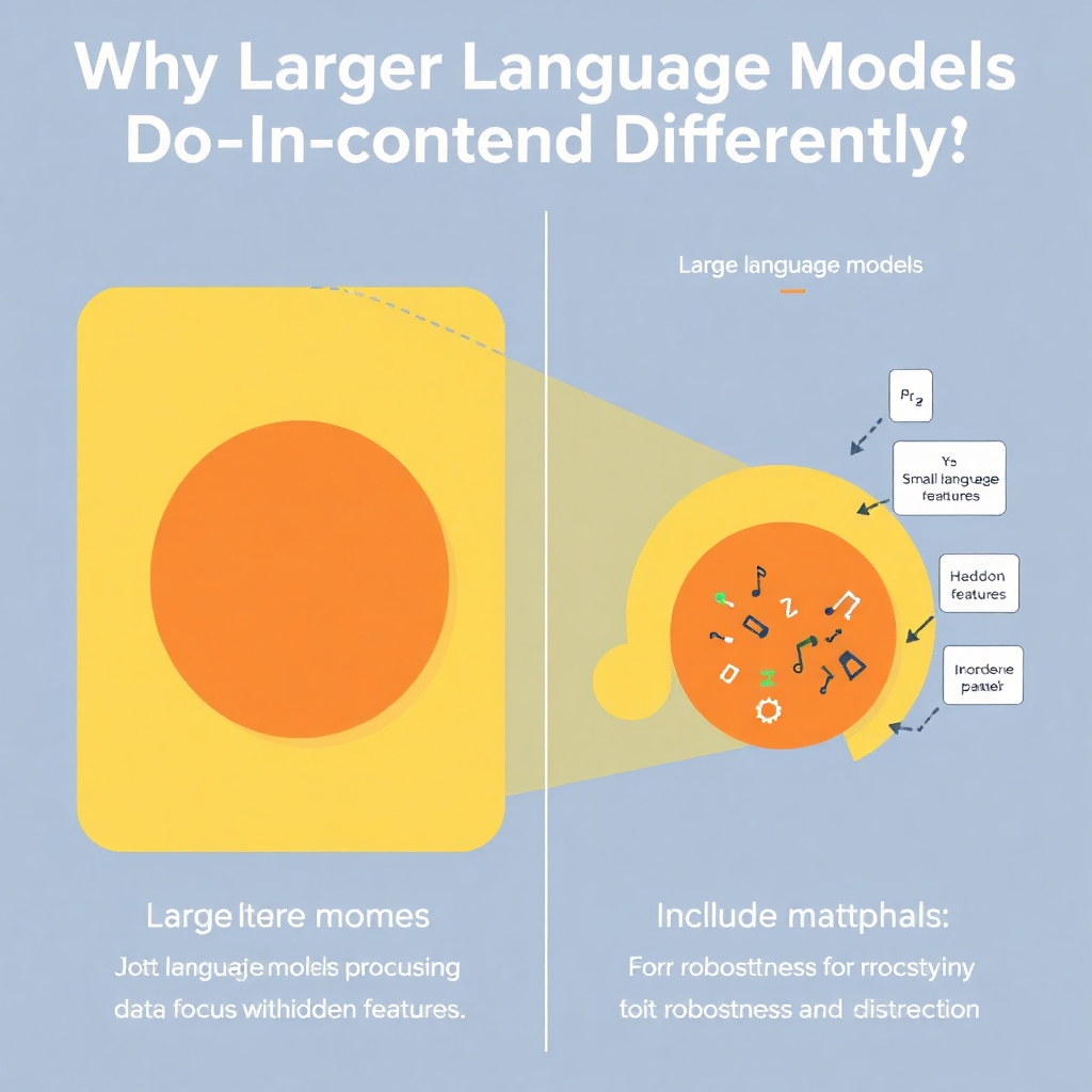 An artistic visualization for the second influential ML paper: 'Why Larger Language Models Do In-context Learning Differently?'. Illustrate small language models and large language models, depicting their differences in processing data with focus on hidden features. Include visual metaphors for robustness and distraction, showcasing the concept of data handling in ML models.