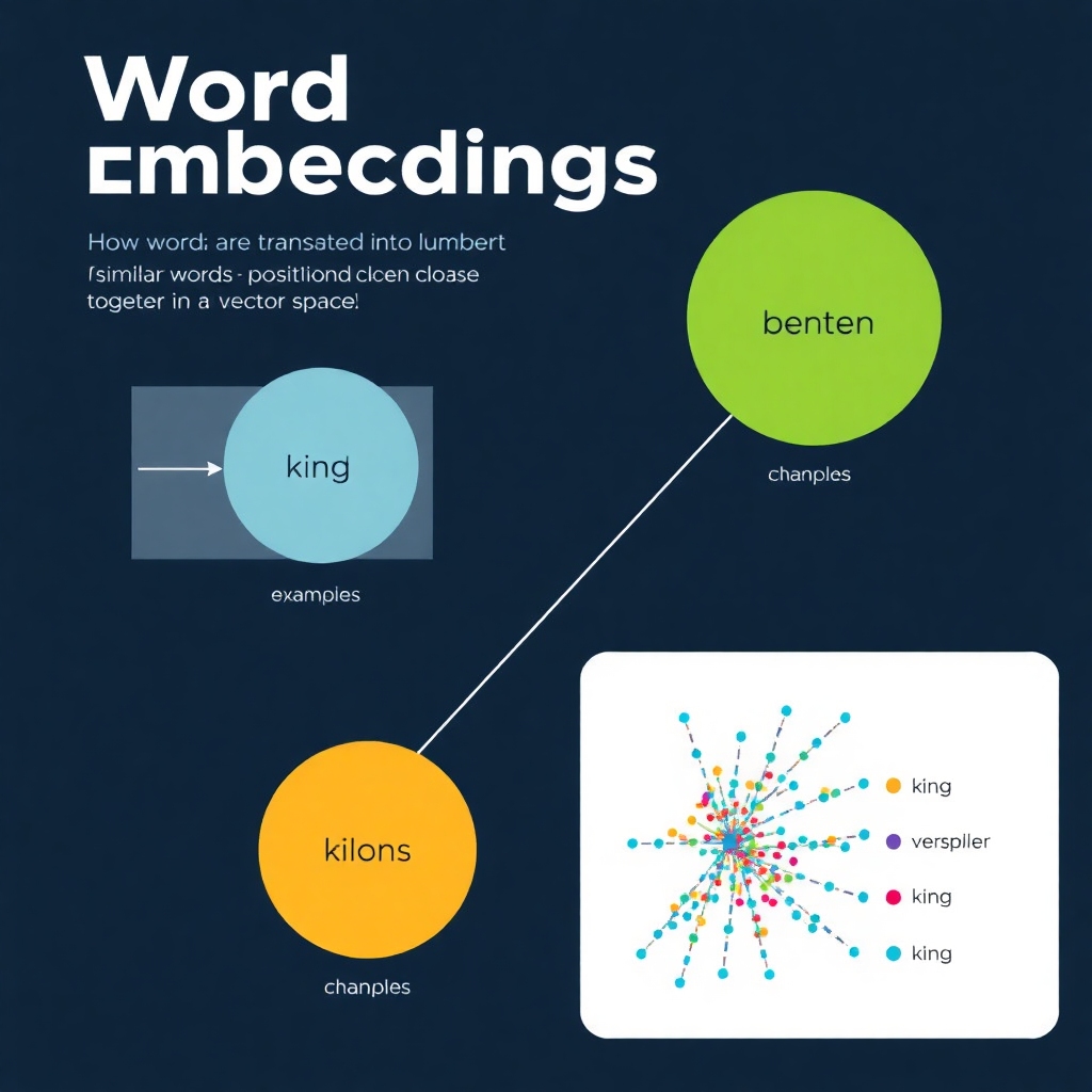 An infographic for 'Word Embeddings'. Visualize how words are translated into numeric representations, with similar words positioned close together in a vector space. Show examples like 'king', 'queen' and illustrate the concept of contextual relationships.