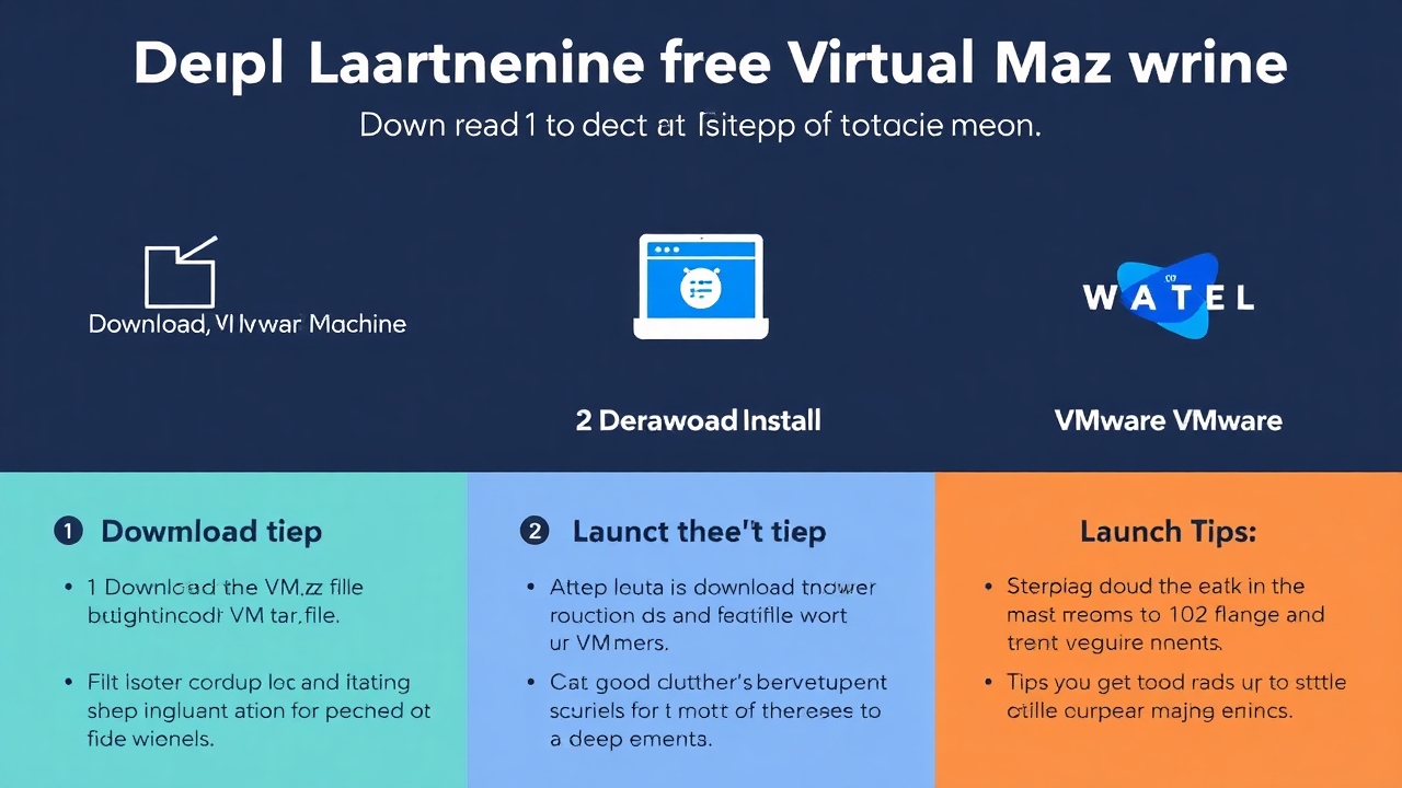 An infographic detailing the steps to download and run a Deep Learning virtual machine. List the three essential steps: 1. Download the VM .tar.gz file, 2. Download VMware, 3. Launch the VM image. Use clear icons for downloading, installation, and launching. Include tips about the username and password along with system requirements. Make it colorful and easy to understand for beginners.