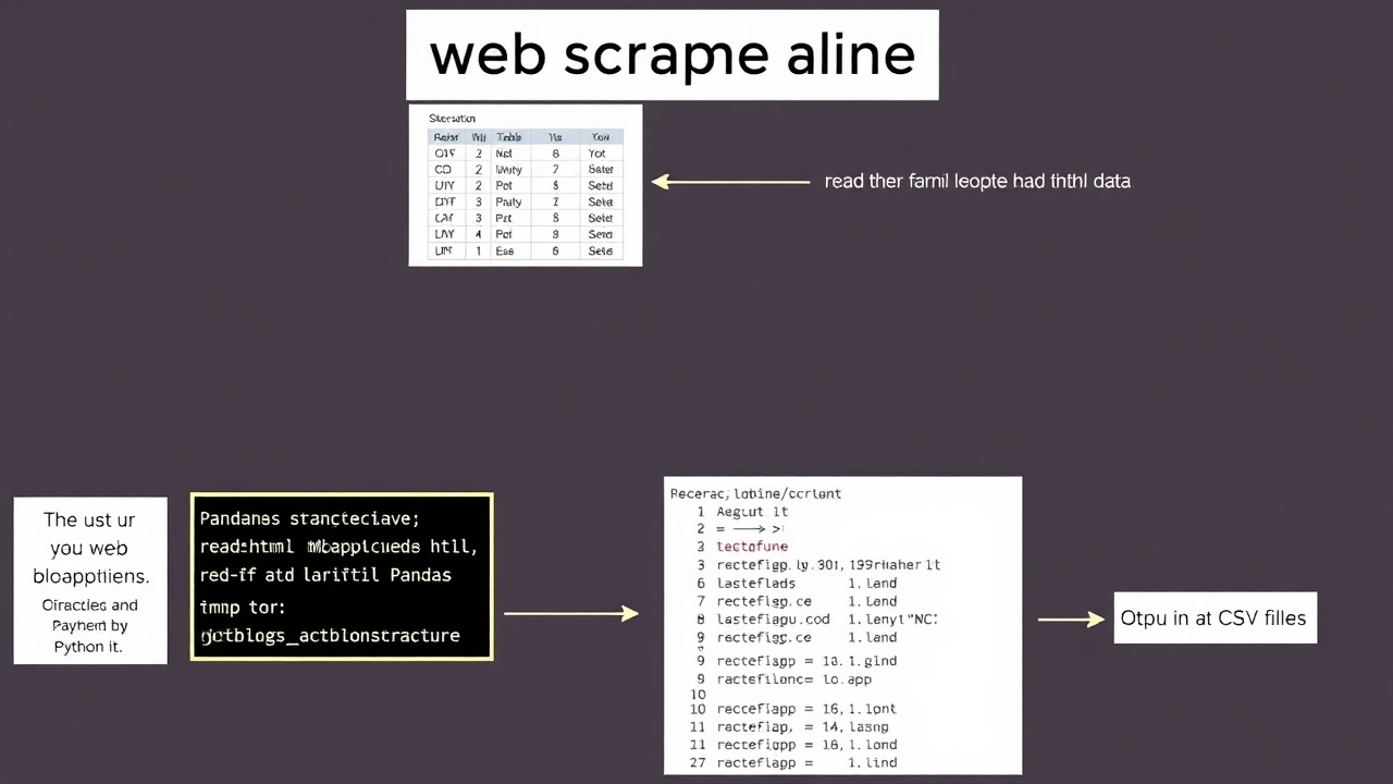 A visual representation explaining web scraping using Python. The image should show a webpage with a table of data, a Python script using the Pandas library (specifically the read_html() method) to scrape this data, and the output as a DataFrame and a CSV file. Include annotations highlighting key steps in the process.