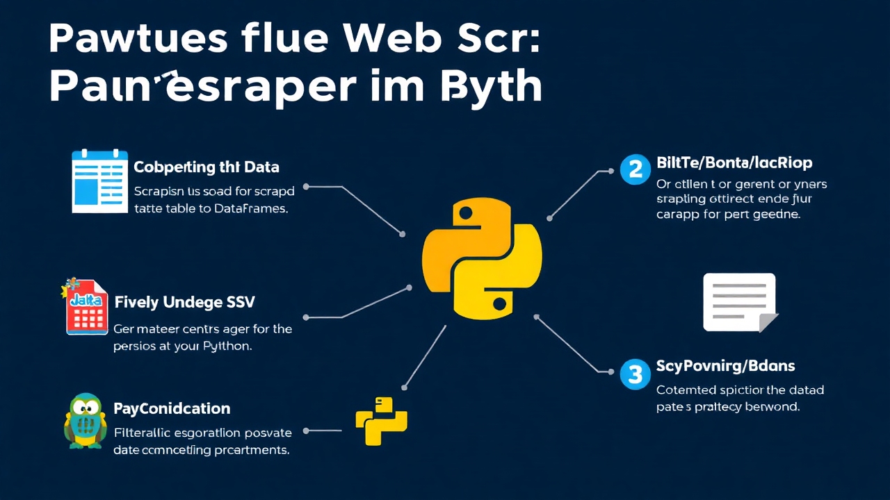 An infographic illustrating the benefits of using Pandas for web scraping in Python. Features should include built-in methods for scraping data, converting tables to DataFrames, exporting to CSV, and filtering/sorting options. Include colorful icons and visual elements that represent data manipulation.