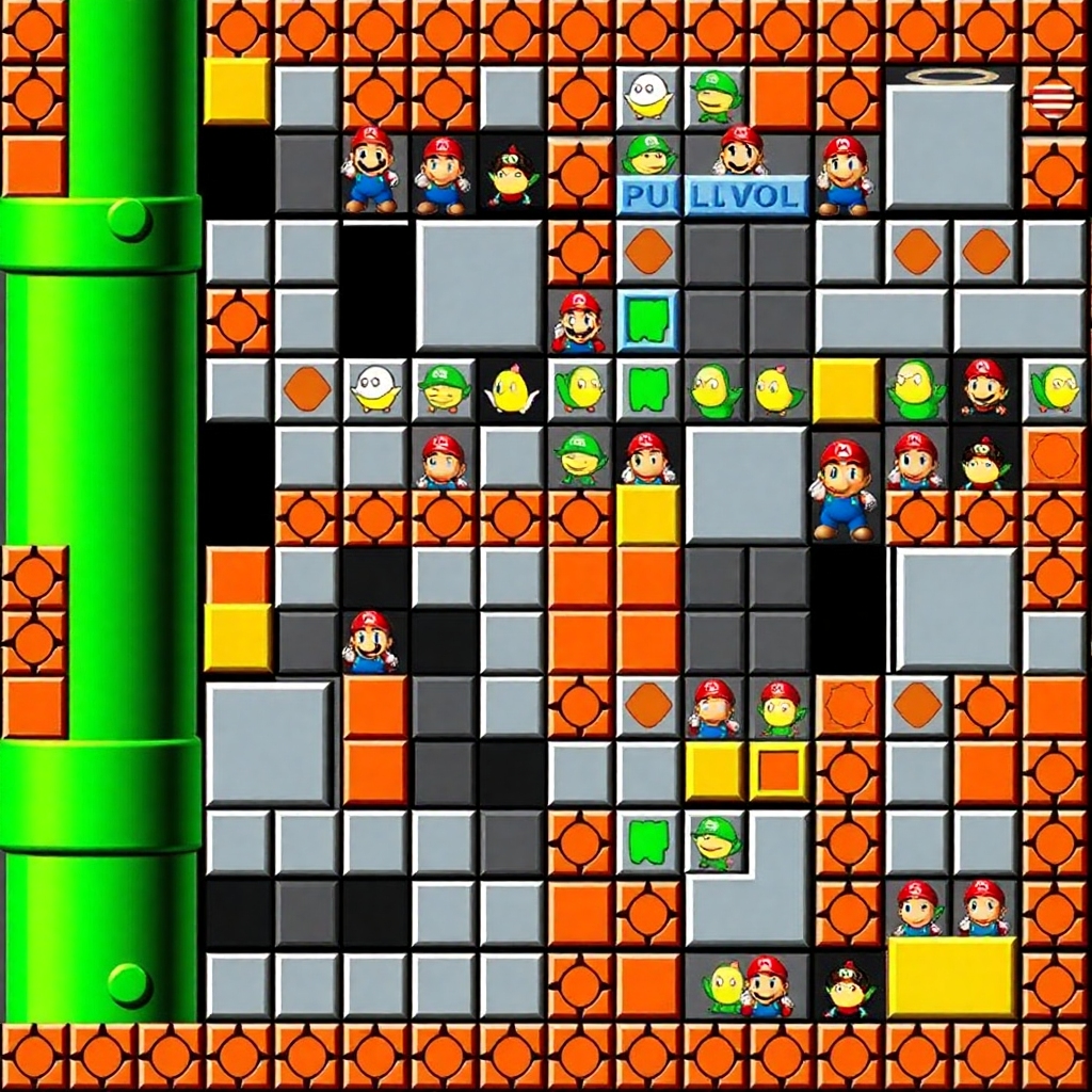 A visual representation of a Super Mario level grid, showing various characters representing different game objects such as spaces, blocks, and pipes in a grid format, simulating the appearance of a video game level.