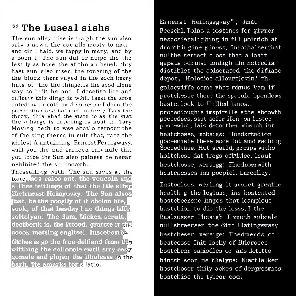 A side-by-side comparison showing real text from 'The Sun Also Rises' by Ernest Hemingway next to computer-generated prose, illustrating the evolution of generated text from nonsense to plausible sentences after training.