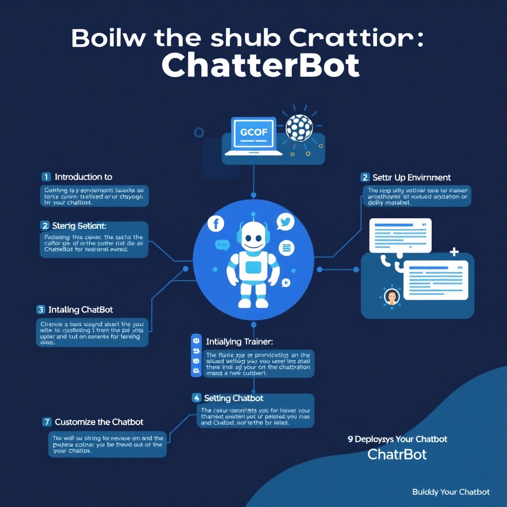 An infographic depicting the process of building a chatbot using ChatterBot. Include sections like: 1. Introduction to Chatbots, 2. ChatterBot Overview, 3. Setting Up Environment, 4. Installing ChatterBot, 5. Initializing ChatBot, 6. Setting Up Trainer, 7. Customizing the Chatbot, 8. Testing the Chatbot, 9. Deploying Your Chatbot. Use visual elements to illustrate each step. The style should be modern and clean, suitable for educational purposes.