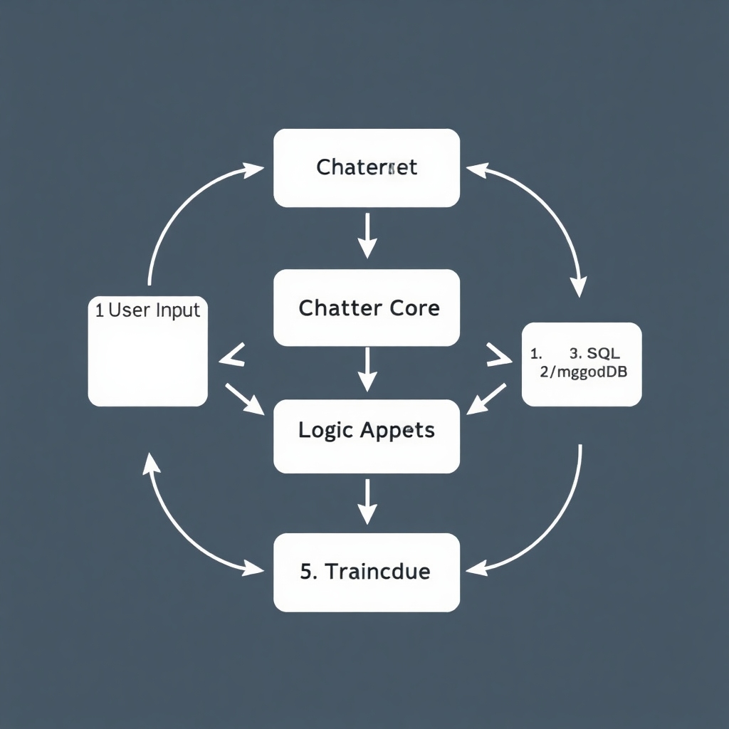 A schematic diagram illustrating the components of ChatterBot. Include elements like: 1. User Input, 2. ChatterBot (Core), 3. Storage (SQL/MongoDB), 4. Logic Adapters, 5. Training Data. Use arrows to show the flow of information between these components. The diagram should be clear and educational.