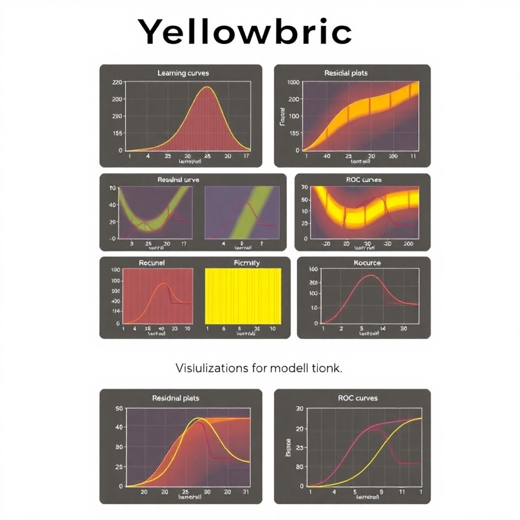 A depiction of Yellowbrick, showing visualizations for model evaluation such as learning curves, residual plots, and ROC curves.