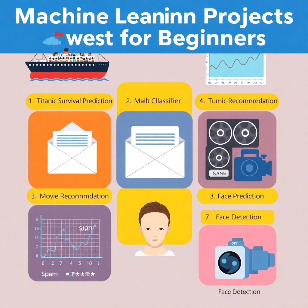 A visual representation of various machine learning projects for beginners. Each project should include: 1. Titanic Survival Prediction - a ship and passengers; 2. Stock Price Prediction - a stock chart; 3. Email Spam Classifier - an email with spam labels; 4. Handwritten Digit Recognition - images of handwritten digits; 5. Movie Recommendation System - film reels and rating stars; 6. Customer Churn Prediction - a graph showing customer retention; 7. Face Detection - a camera and faces being detected. Overall, the image should be colorful and educational, highlighting all seven projects in a clear layout.