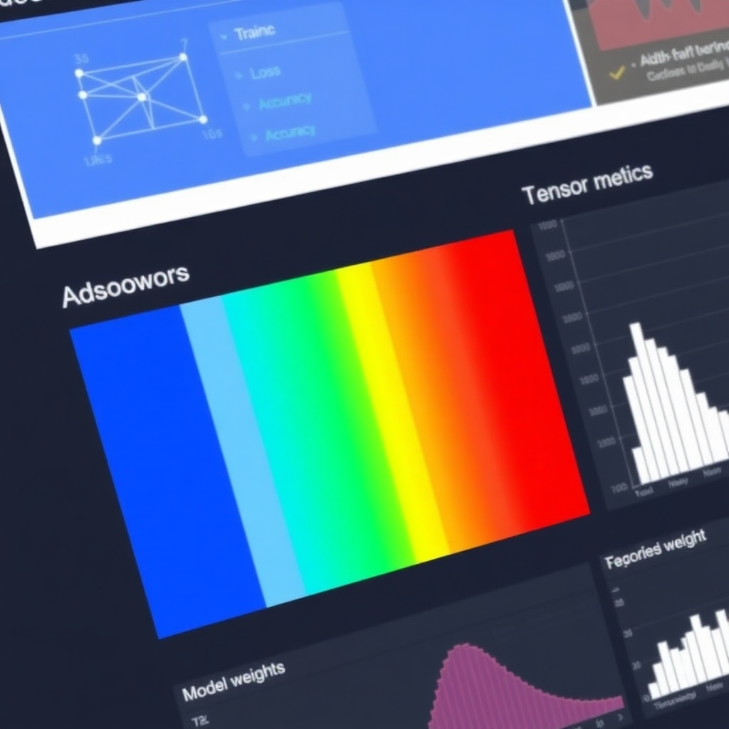 A visual representation of TensorBoard, illustrating neural network architecture, training metrics like loss and accuracy, and model weight visualizations such as histograms.