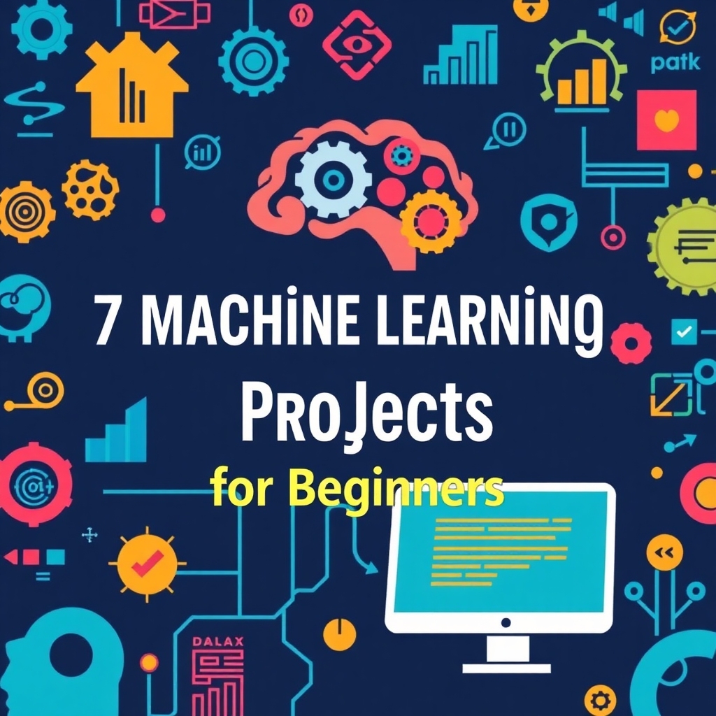 An illustrative cover for an article about 7 Machine Learning Projects for Beginners, featuring symbols related to machine learning such as brain with gears, data analysis graphs, coding symbols, and a computer screen. Use bright colors and a modern design that conveys technology and learning.