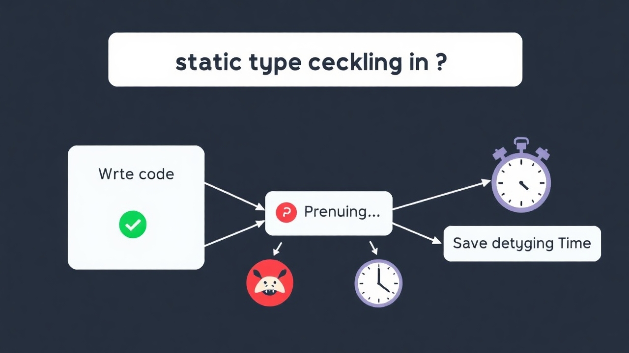 A flowchart illustrating the benefits of static type checking in Python. Begin with a 'Write Code' box, leading to 'Type Checking' (with a checkmark if correct, and a question mark if incorrect). Then connect to 'Prevent Bugs' and 'Save Debugging Time'. Add visuals for each step such as a bug icon and a clock for saving time.