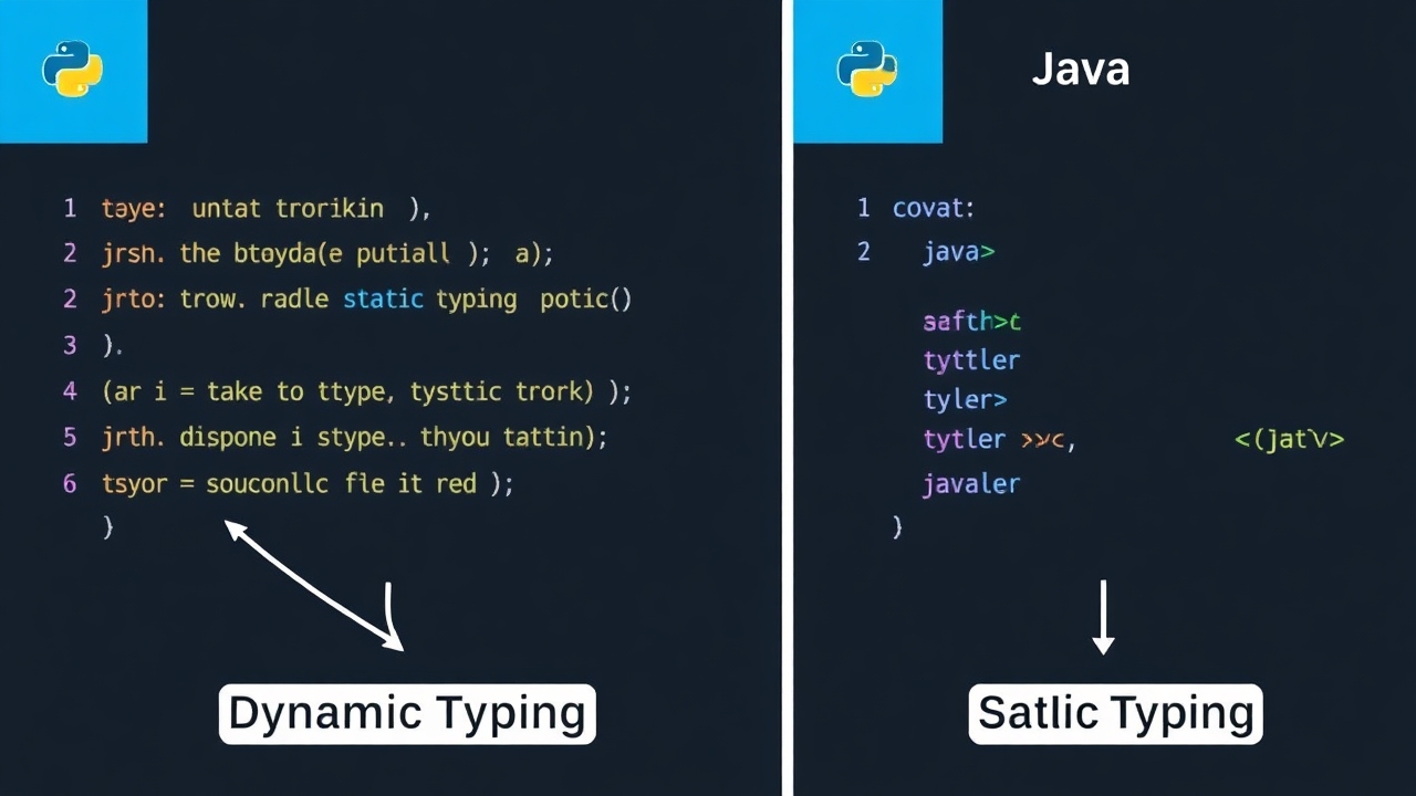 A visual representation of dynamic vs static typing in programming. On one side, show a Python snippet demonstrating dynamic typing. On the other side, show a Java snippet with static typing. Include labels and arrows to point out 'Dynamic Typing' for Python and 'Static Typing' for Java.