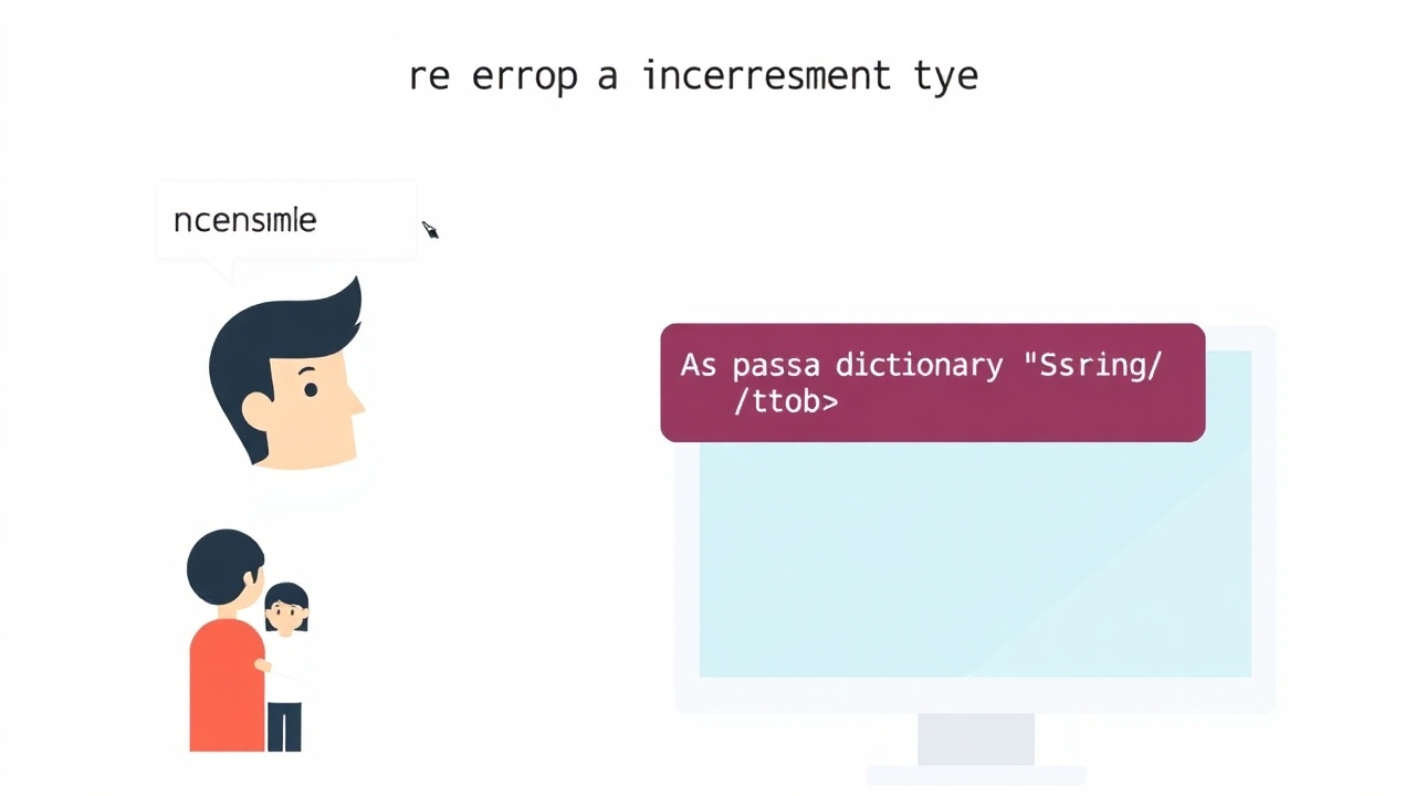 An illustration showing a Python programming error due to incorrect type. Depict a user inputting a name, and then an error message appearing for passing a dictionary to a function expecting a string. Include characters to represent the user and a computer screen displaying the error.