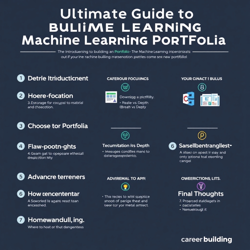 An infographic summarizing 'The Ultimate Guide to Building a Machine Learning Portfolio'. Include sections like: 1. Introduction to Machine Learning Portfolios, 2. Importance of Experience, 3. Choosing Focus for Portfolio - Breadth vs. Depth, 4. Technical Documentation Essentials, 5. Advanced Strategies for Enhancement, 6. Where to Host the Portfolio (with icons of GitHub, Streamlit, etc.), and 7. Final Thoughts on Career Building. The design should be visually engaging and educational with bullet points and visuals for each section.