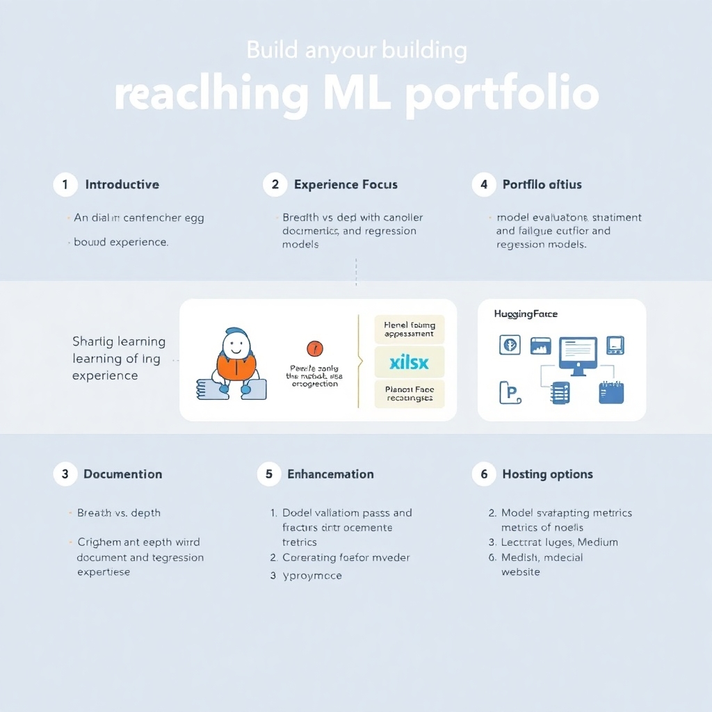 An illustrative guide showing the key components in building a machine learning portfolio. The image should depict a structured layout with sections labeled: 1. Introduction - Importance of an ML portfolio, 2. Experience Paradox - A visual representation of the chicken and egg dilemma regarding experience, 3. Portfolio Focus - A diagram contrasting breadth vs. depth with examples like classification and regression models, 4. Documentation - Steps showing how to document technical expertise, 5. Enhancement Strategies - Graphical depiction of model evaluation metrics and factors influencing model improvement, 6. Hosting Options - Icons or logos of platforms like GitHub, Streamlit, HuggingFace, Medium, and Personal Websites. Use a clean, modern design with a color scheme that’s appealing for educational purposes.