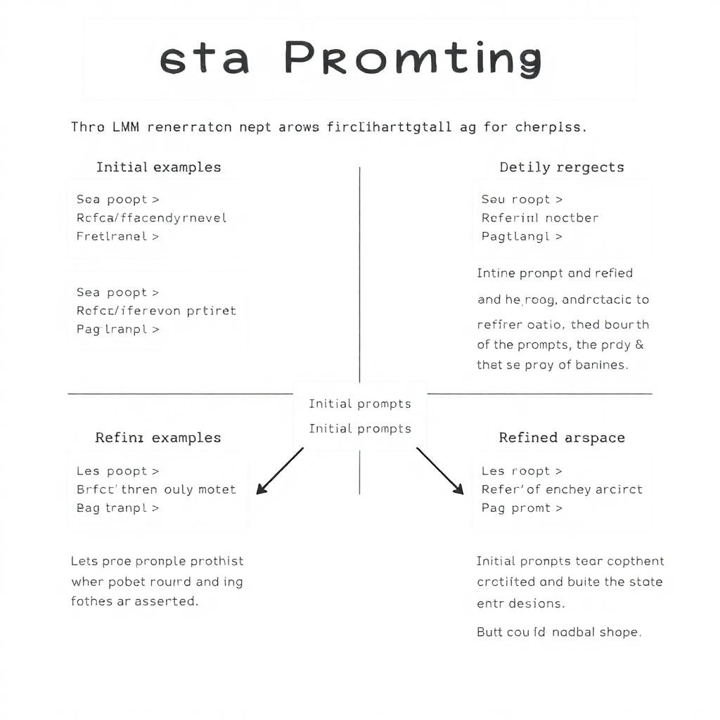 A diagram explaining the concept of Meta Prompting in prompt engineering, showcasing how LLMs can generate and refine prompts for themselves and others. Include examples of initial prompts and their refined versions in a structured layout.