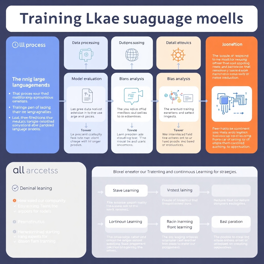 An infographic illustrating the process of training large language models (LLMs), highlighting key elements such as data preprocessing, resource estimation, model evaluation, bias analysis, and continuous learning strategies.