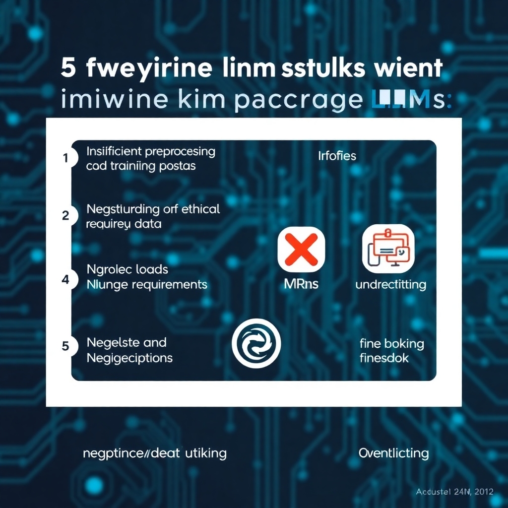 A graphic illustration depicting the five common mistakes to avoid when training large language models (LLMs): 1. Insufficient Preprocessing of Training Data 2. Underestimating Resource Requirements 3. Ignoring Model Overfitting and Underfitting 4. Neglecting Bias and Ethical Considerations 5. Overlooking Fine-Tuning and Continuous Learning.