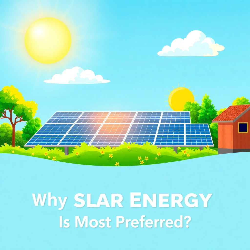 A bright and colorful illustration featuring solar panels under the sun, with lush green surroundings. The image also includes symbols representing sustainability, such as trees and clean air, emphasizing why solar energy is most preferred.