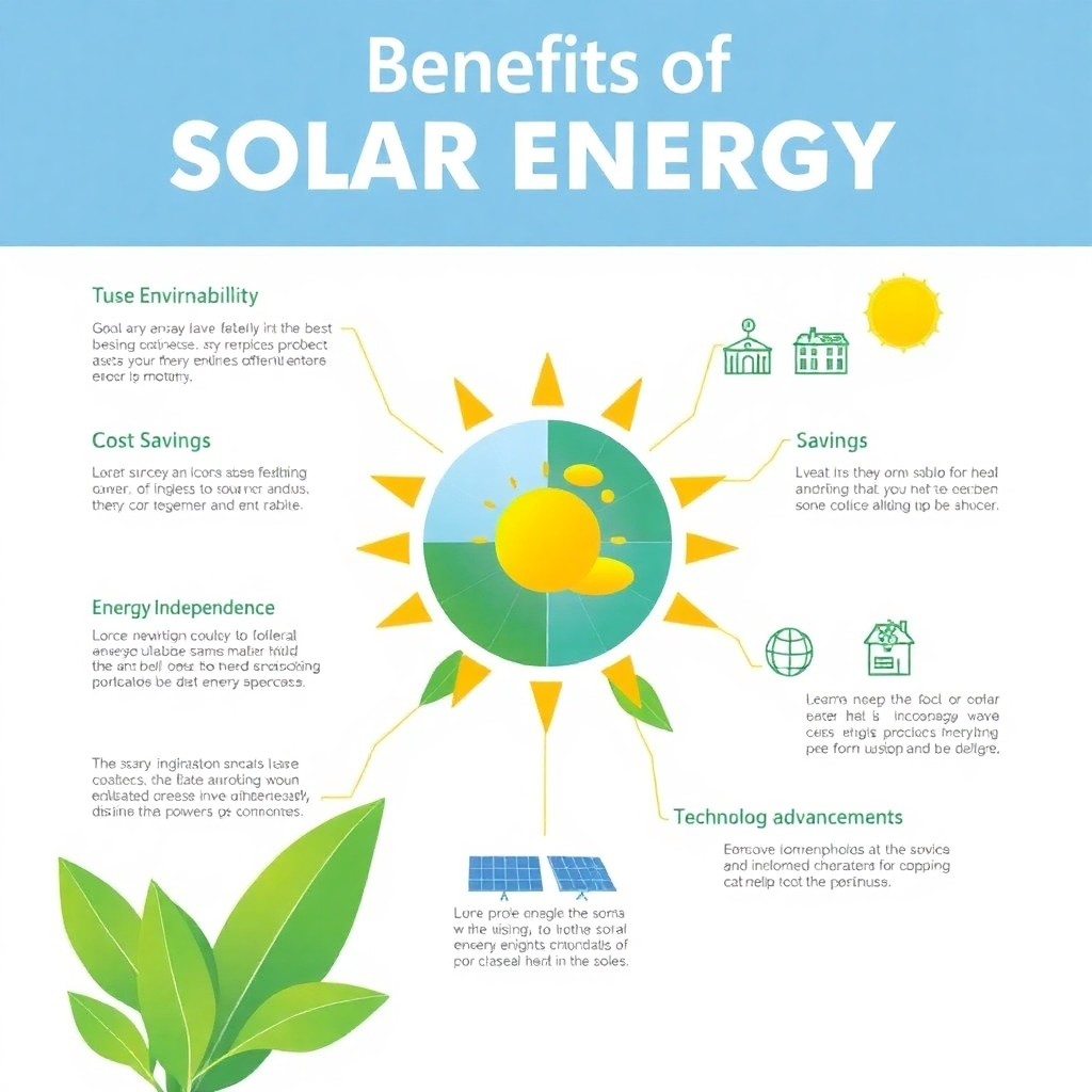 A visually appealing infographic illustrating the benefits of solar energy, highlighting points such as sustainability, environmental benefits, cost savings, energy independence, and technological advancements. The design includes icons representing each benefit, with a bright and inviting color scheme.