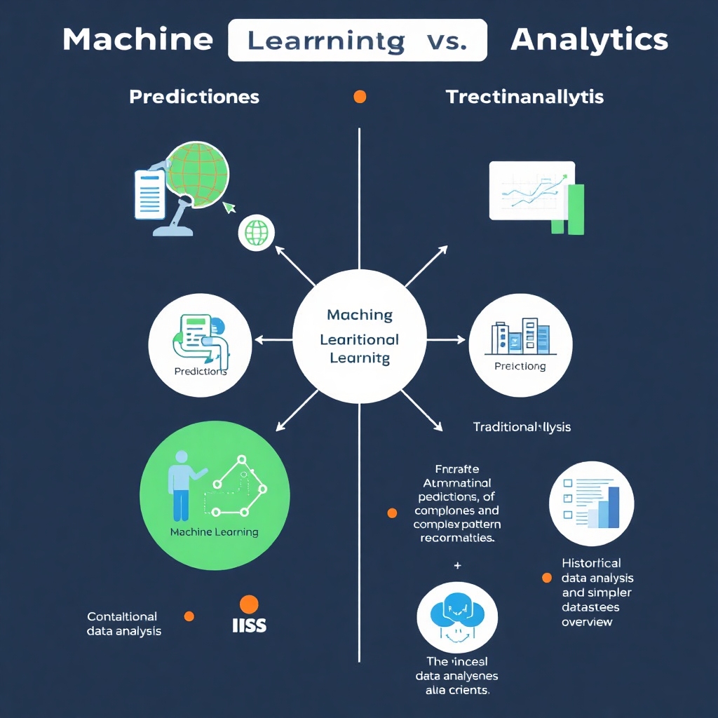 An illustrative diagram showing the comparison between Machine Learning and Traditional Analytics. Highlight key use cases for Machine Learning such as predictions, automation of decisions, and complex pattern recognition. In contrast, showcase traditional analytics uses like historical data analysis and simpler datasets overview. The design should be clear and visually engaging for educational purposes.