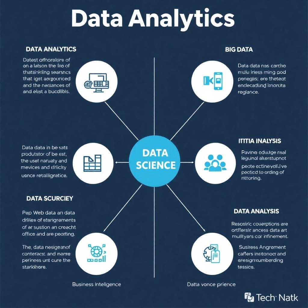 A clear infographic explaining the differences between Data Analytics, Data Science, Big Data, Business Intelligence, and Data Analysis. Include succinct definitions for each field, using icons or visuals to represent each concept, arranged in a structured layout for easy understanding. Modern and educational design suitable for a tech audience.