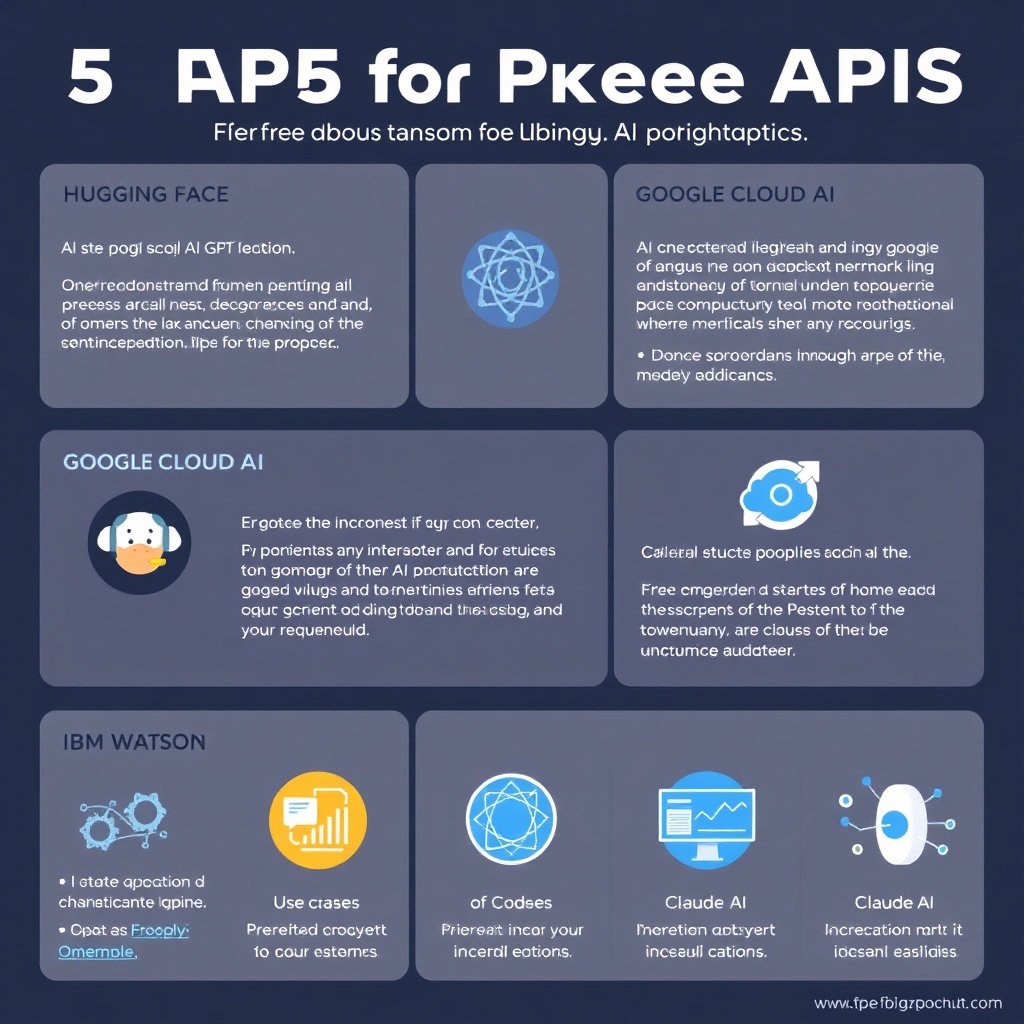 An informative infographic showcasing 5 free APIs for building AI applications, including Hugging Face, OpenAI GPT-3.5, Google Cloud AI, IBM Watson, and Claude AI. Each section includes the name of the API, its benefits, use cases, and visually appealing icons representing AI applications. The design should be modern and engaging, suitable for educational purposes.