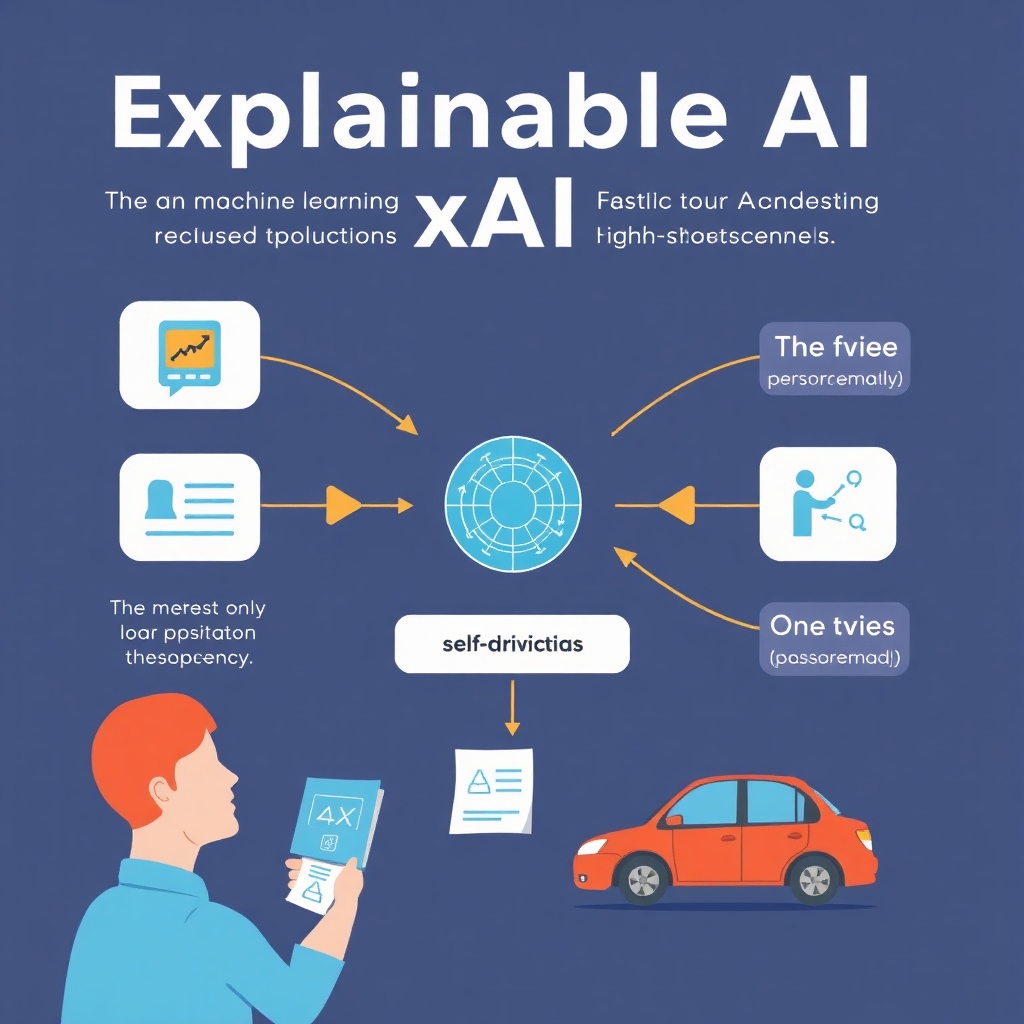 An illustration depicting Explainable AI (xAI), showing a machine learning model explaining its decision-making process. Include elements that represent accountability and transparency in AI systems. Use clear visuals that convey the importance of understanding AI decisions in high-stakes scenarios, such as loan approvals and self-driving cars.