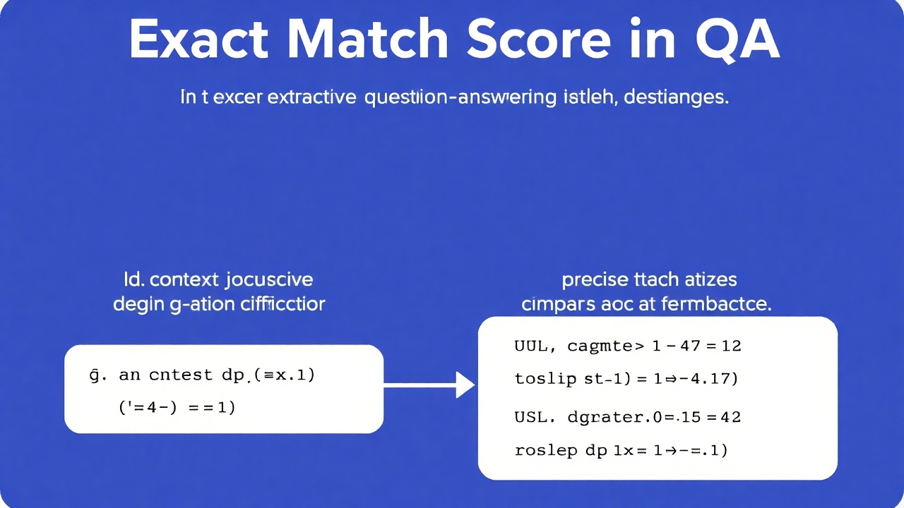 A clean, educational illustration showing the Exact Match metric used in extractive question-answering tasks, with a clear example of how it works. The title should read 'Exact Match Score in QA', including a context question and a precise answer comparison.