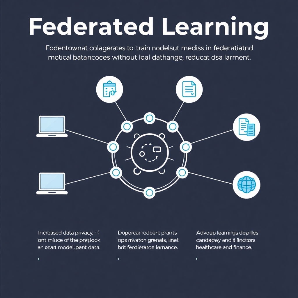 An infographic visualizing Federated Learning, showing multiple devices collaborating to train models without exchanging local data. Include representations of increased data privacy and reduced data movement. The design should highlight the advantages of federated learning, particularly in sectors like healthcare and finance.