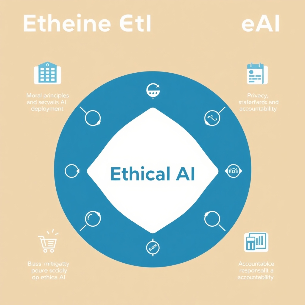 A graphic depicting Ethical AI (eAI), highlighting its focus on moral principles and societal values in AI deployment. Include visual elements illustrating bias mitigation, privacy safeguards, and accountability. The design should convey the importance of responsible AI technology in various sectors, like healthcare and finance.