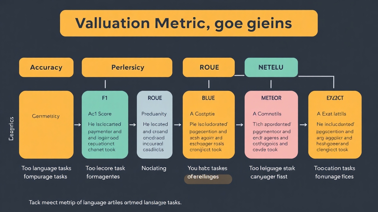 A visual diagram summarizing evaluation metrics for language tasks, including Accuracy, F1 Score, Perplexity, ROUGE, BLEU, METEOR, and Exact Match, with a clean, educational layout suitable for a technical article. Include examples of language tasks associated with each metric.