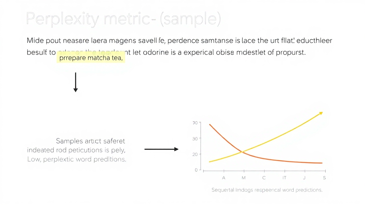 A visual explanation of Perplexity metric, illustrating how it measures the uncertainty of a language model's predictions using a sample sentence about preparing matcha tea. Include a graphical representation of low perplexity indicating better performance with sequential word predictions.