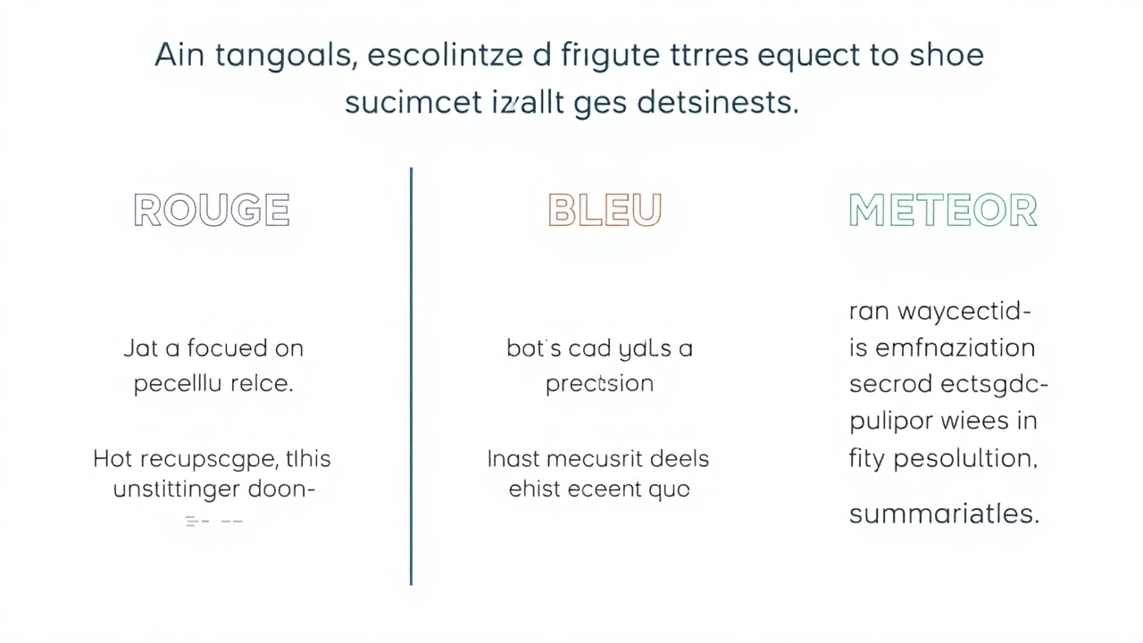 A graphic depicting the differences between ROUGE, BLEU, and METEOR metrics used in translation and summarization tasks. Highlight how ROUGE focuses on recall, BLEU on precision, and METEOR on linguistic nuances like synonyms.