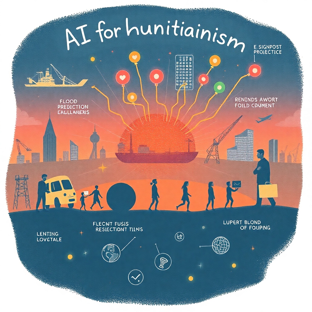 A heartfelt illustration depicting AI for Humanitarianism, showing AI models being used to address complex humanitarian challenges. Include examples like flood prediction and crisis management (e.g. Signpost Project) to emphasize the positive impact of technology on society. The design should evoke hope and highlight the role of AI in improving lives.