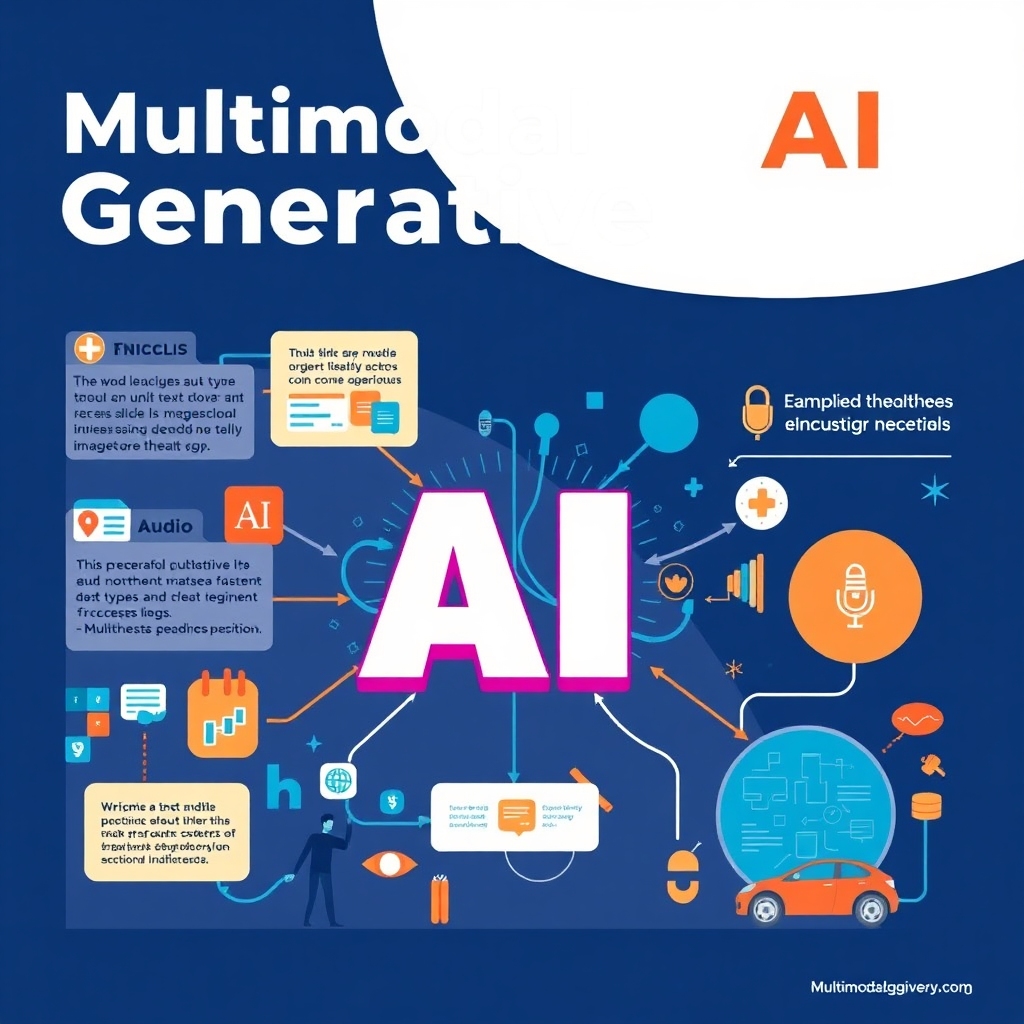 A creative visual representation of Multimodal Generative AI, showcasing its ability to process and generate various data types like text, images, and audio. Include examples of applications in different industries, such as healthcare and automotive. The design should be vibrant and illustrative, highlighting the transformative potential of this technology.