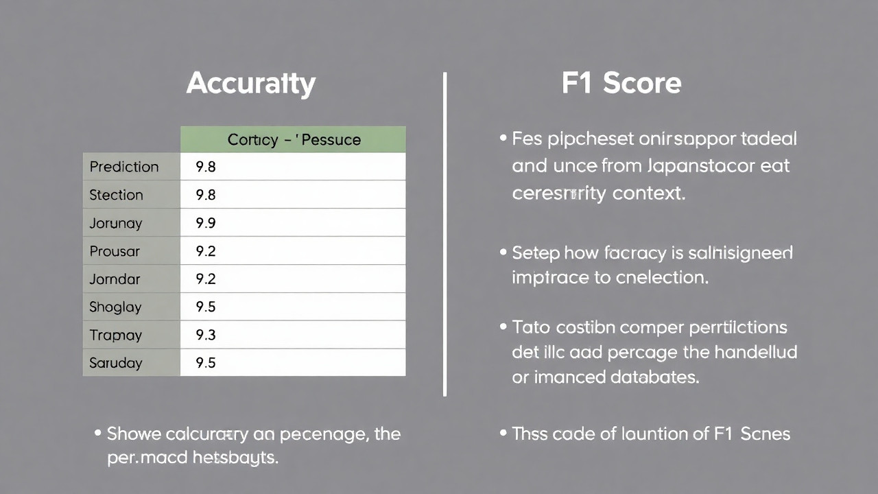 An illustrative example showing Accuracy and F1 Score computation with two lists: Predictions and References from a Japanese tea ceremony context. Show how the accuracy is calculated as the percentage of correct predictions and emphasize the significance of F1 Score in handling imbalanced datasets.