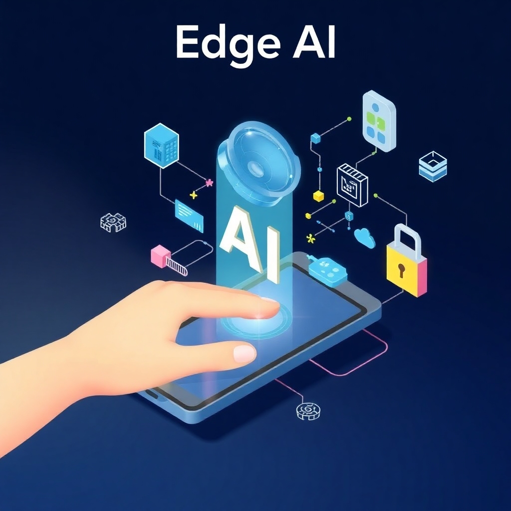 A dynamic illustration of Edge AI, showing how AI and machine learning processes occur directly on consumer devices like smartphones and IoT. Include elements representing real-time decision-making and data security, emphasizing the benefits of local processing over centralized servers.